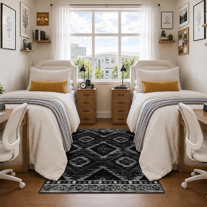 4'x6' Washable Area Rug for Living Room Bedroom Black | Soft Western No Slip Low Pile Print Foldable Indoor for Kitchen Dining Room