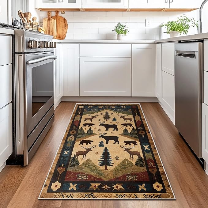 Farmhouse Cabin Area Rug Rustic Deer Bear Washable 3x5 Rugs for Living Room Bedroom Western Country Non-Slip Soft Floor Large Carpet for Office Entryway Bathroom