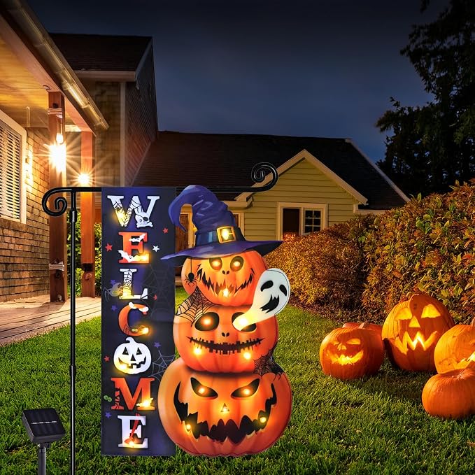 Halloween Lighted Garden Flag, Solar Weclome Pumpkin Yard Flag for Outside, 8 Modes Double Sided Welcome Halloween Pumpkin Outdoor Decorations for Home Porch