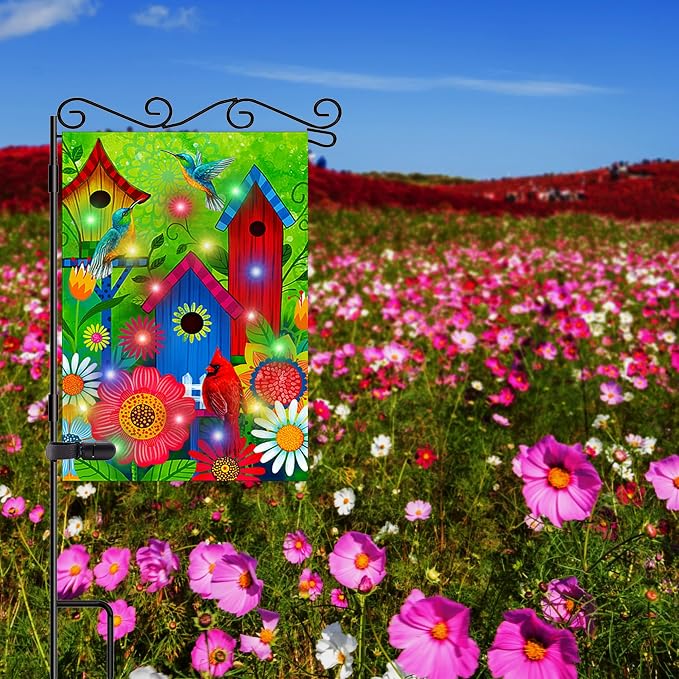 Welcome Lighted birds house large garden flags 28X40 double sided solar | lawn home spring decoration,Vibrant colors, soft polyester