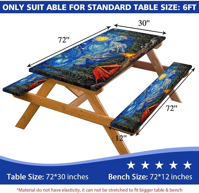 Picnic Table Cover with Bench Covers Elastic Edges, Forest Night Sky Camper Fitted Table Cover, Outdoor Patio Camping Essentials 3PCS, 72in, Waterproof Camping Fitted Tablecloth with Drawstring Bag