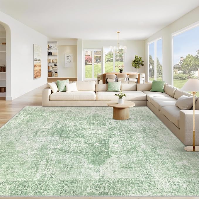 Area Rug 8x10 Washable Rug, Vintage Boho Medallion Rugs Non-Slip Soft Low Pile Large Distressed Rug Indoor Retro Carpet for Living Room Bedroom Dining Room Home Office (SageGreen, 8'x10')