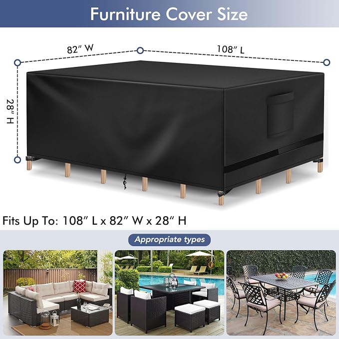 Richwon Patio Furniture Cover, Waterproof Rectangle Outdoor Table Cover, Heavy Duty Sectional Set Protection 108"L x 82"W x 28"H, Black
