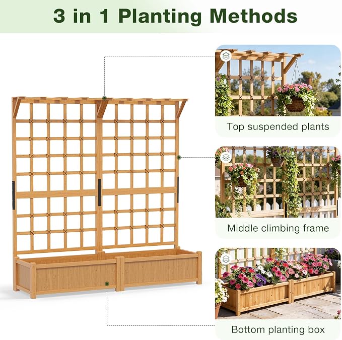 Aoxun 36" Raised Garden Bed with Trellis, Wood Planter Container with Hanging Roof & Garden Boxes for Climbing Plants Flowers Vine (1 piece)