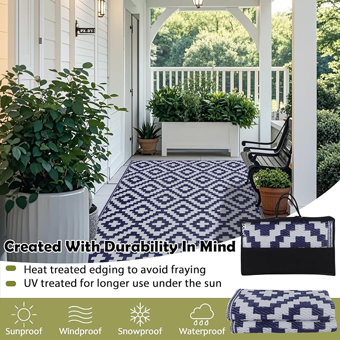 SAND MINE Reversible Mats, Plastic Straw Rug, Modern Area Rug, Large Floor Mat and Rug for Outdoors, RV, Patio, Backyard, Deck, Picnic, Beach, Trailer, Camping, Dark Blue & White, 4' x 6'