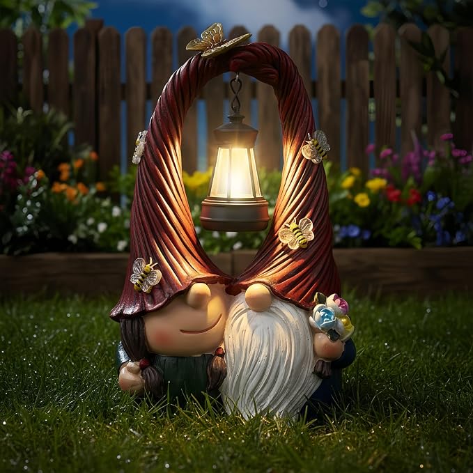 Couple Gnome Decor with Solar Light Lantern Lamp Garden Statue Outdoor Figurine for Yard Patio Unique Perfect Gnomes Gifts for Women Mom Grandma Valentines Decorations