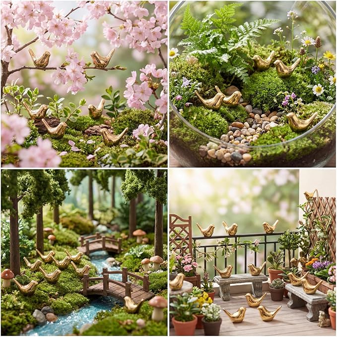 Sieral 100 Pcs Golden Mini Bird Figurines Miniature Resin Bird Statues Small Animal Statues Fairy Garden Accessories for Micro Garden Landscape Dollhouse Cake Potted Plants DIY Craft, 0.59 x 0.67 Inch