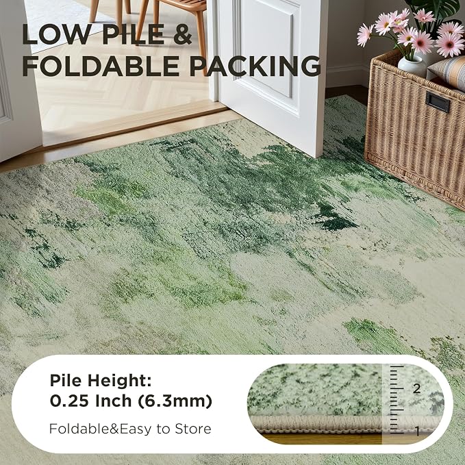 Joydeco Washable 8x10 Light Green Abstract Low Pile Living Room Area Rugs | Non-Slip Soft Stain Resistant Machine Wash Modern Pet Child Friendly Carpet for Bedroom Dining Room Home Office Playroom Rug