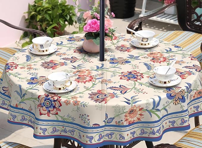 Vintage Flowers Outdoor Tablecloth with Umbrella Hole 60" x 60" Waterproof Zipper Table Cloth for Garden - Ideal Patio Table Cover for Picnics, Camping, and Yard Use