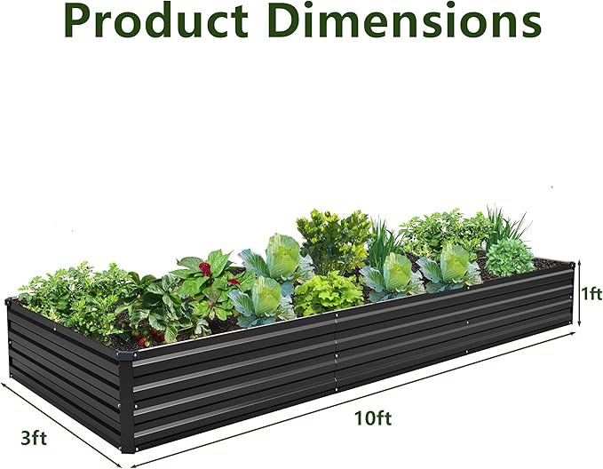 2PCS 10x3x1ft Galvanized Raised Garden Kit,Metal Planter Box,Black | Outdoor Elevated Metal Planter Box For Vegetables, Flowers & Herbs. Rustproof Galvanized Steel, Open Drainage, Easy Assembly