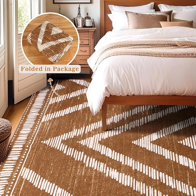 Boho Brown Area Rugs 8x10ft Non Slip, Large Low Pile Washable Rugs for Living Room, Soft Bedroom Area Floor Carpets for Dining Room Kids Nursery Playroom Farmhouse Office
