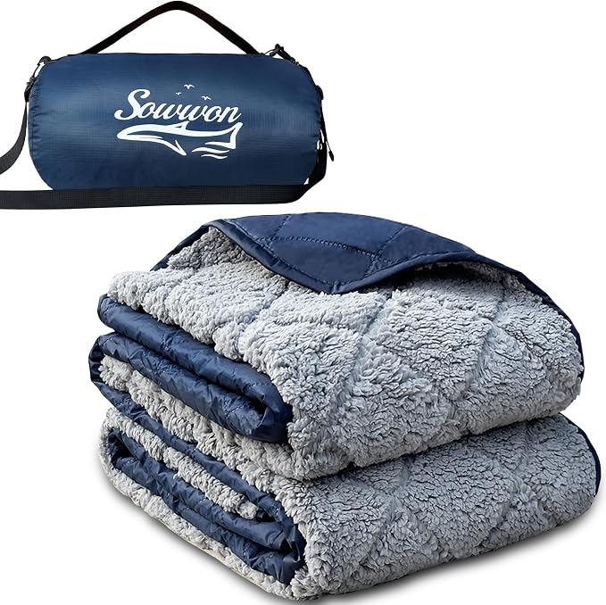 Waterproof Outdoor Blanket 82"x55" Large Sherpa Fleece 300GSM Navy | Stadium Blankets for Camping, Packable, Windproof Emergency Throw for Grass Picnic Hiking Road Trip, Machine Washable