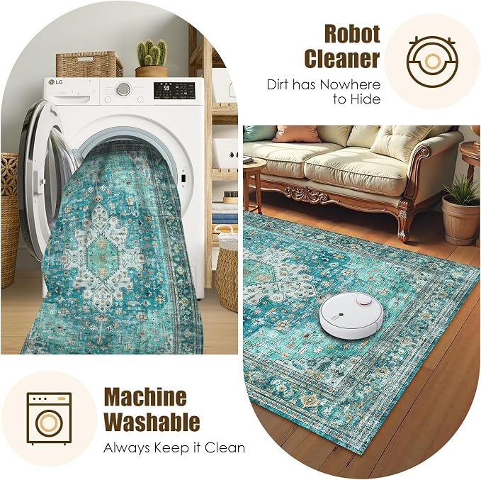 Washable Area Rug 8' x 10' Vintage Traditional Persian Mat - Foldable Distressed Non-Slip Machine Washable Carpet for Living Room Bedroom Kitchen Home Decor - Teal and Gold