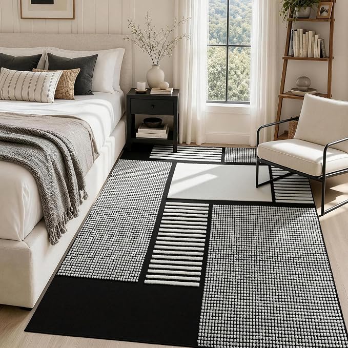 5x7 Black and White Area Rug, Washable Non Slip Living Room Carpet | Stain-resistant Low-pile Black and White Geometric Rug, Abstract Patchwork Carpet for Living Room Bedroom and Dining Room