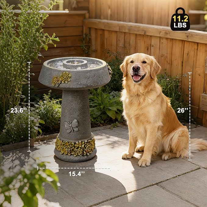 Bird Bath and Bird Feeder for Garden, 24" Resin Outdoor Fountain with 3D Butterfly & Petal Relief, Weather-Resistant Pedestal Water Feature for Yard, Patio, and Lawn Decor (Grey)