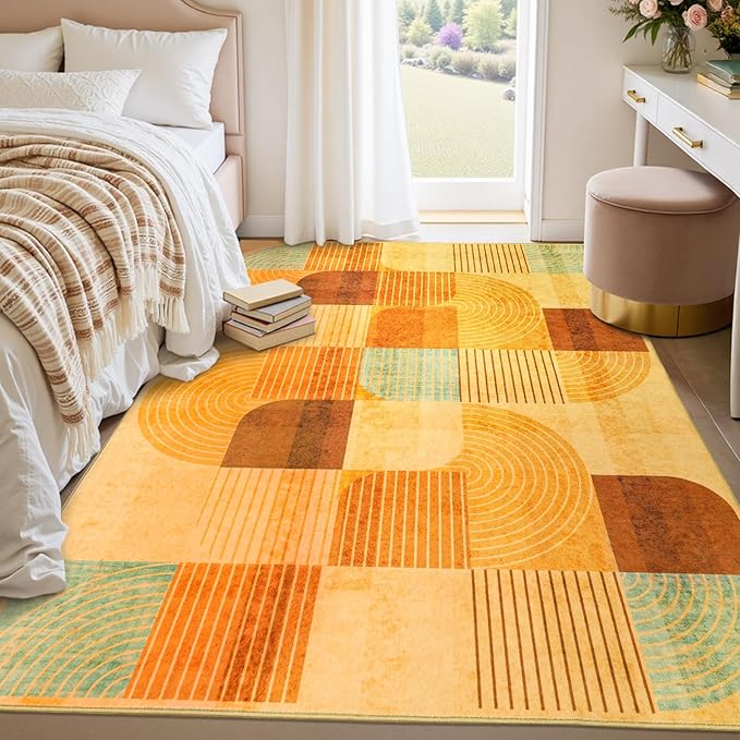 Washable Area Rugs for Bedroom Living Room 4x6 ft, Non-Slip Modern Rug | Stain Resistant, Low Pile, Soft Carpet Indoor Floor Boho Carpet for Kitchen Front Door Entrance Office Kid Room, Burnt Orange