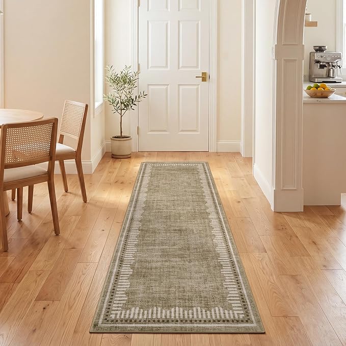 Garvee 2x8 Runner Rug Hallway Kitchen Washable Neutral Solid Taupe Runners | Low Pile Stain Resistant Modern Geometric Living Room Bedroom Long Runner Throw Carpet Scalloped Nuesery Entry Area Rugs