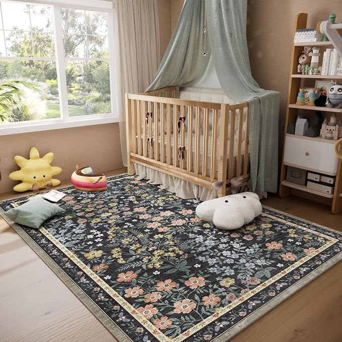 Washable Living Room Area Rug: 5x7 Rugs for Bedroom Vintage Stain Resistant Non Slip Low Pile Soft Lightweight Carpet Rug for Kitchen Dining Room Kids Room Nursery Living Room