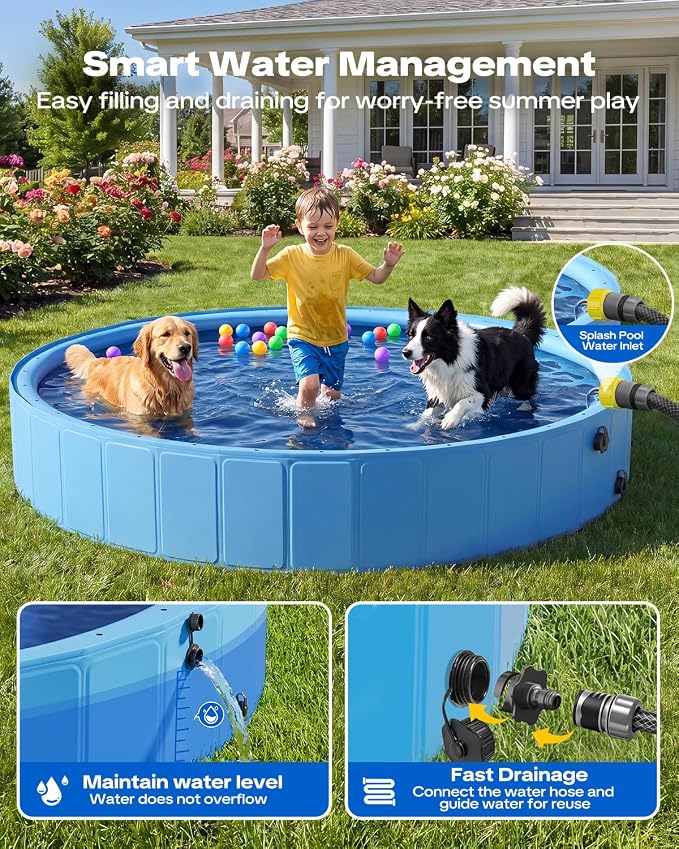 Raxurt 79" Kiddie Pool with Sprinkler, Foldable Dog Pool for Large Dogs, Non-Slip Splash Pool for Kids, Portable Pet Bathing Tub for Backyard Summer Water Play