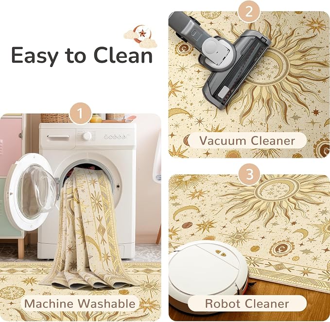 Vacuum-Friendly, 8x10 Washable Area Rug, Beige Camel Brown | Sun and Moon Boho Gothic Non-Slip Low Pile Living Roon Bedroom Dining Room Kitchen Entry Entryway Entrance Hallway Doormat