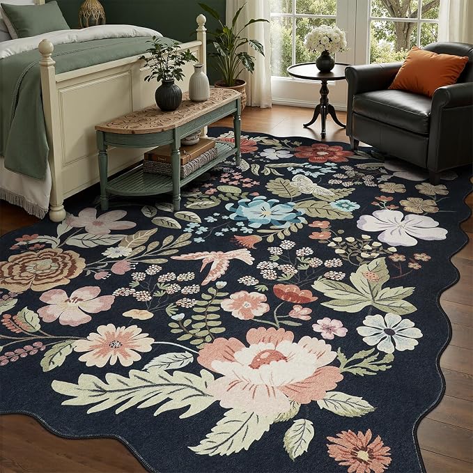 DCX Vintage Floral Washable Area Rug 6x9, Non Slip Low Pile Rug, Black | Rugs for bedroom, living room, dining room, office, soft, kid & pet friendly, sain resistant indoor carpet, home decor