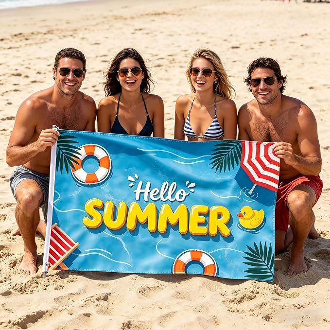 Hello Summer Flag 3x5 Ft Double Sided, Season Yard Banner with 2 Brass Grommets, Funny Pool Print, Durable Outdoor Decor for Patio Yard Lawn, Pool Party Supplies