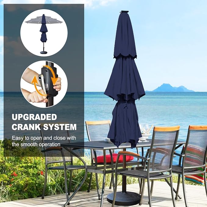 Eurmax USA 10-Year-Non-Fading 10FT 3-Tier Outdoor Patio Market Umbrella with LED Lights,UPF50+ UV Resistant,Commercial Grade,Crank Lift Design,Windproof Vented Top for Garden,Pool,Deck,Navy Blue