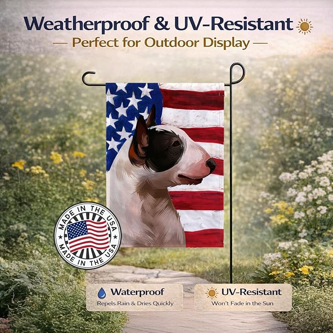 Caroline's Treasures CK6466GF Bull Terrier Miniature American Flag Garden Flag Mailbox Flag Decorative Yard Flag Banner Outside Patio Artwork Yard Flower Beds, Garden Size, Multicolor