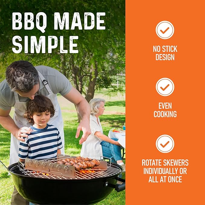 Yukon Glory Rotating Kabob Skewer Rack, Stainless Steel Shish Kebab Set with 6 Metal Skewers, Collapsible Holder for Grill, Dishwasher Safe