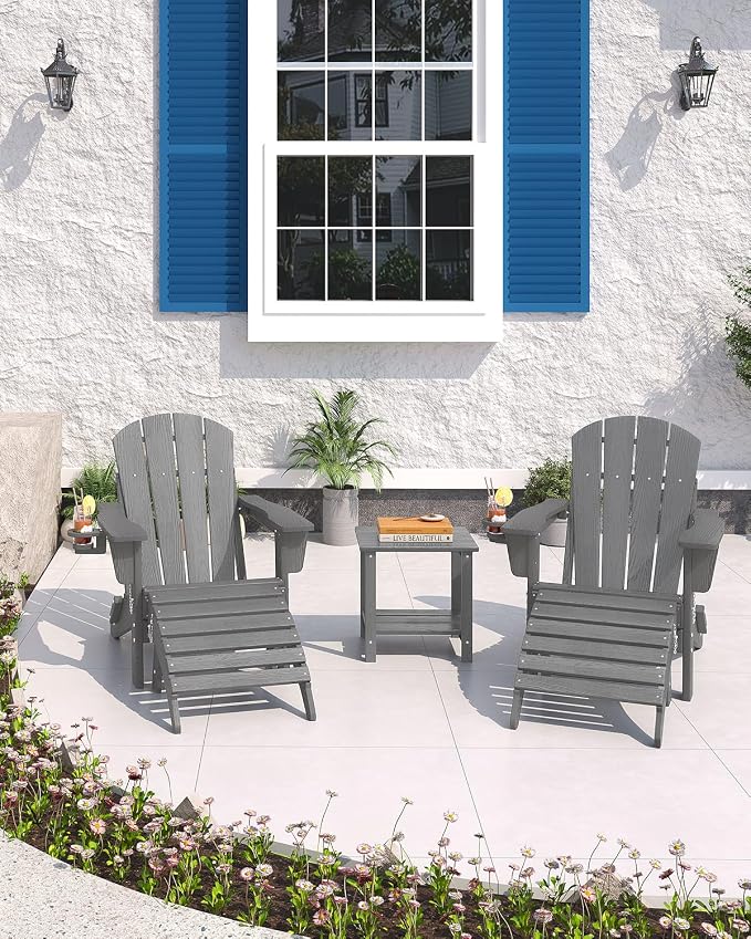 Folding Adirondack Chair Set of 5, All-Weather HDPE Outdoor Chair, Wooden Textured with Cup Holder for patios, Decks, Gardens, fire pits, Grey