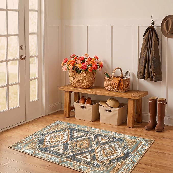Washable 3x5 Area Rug for Bedroom, Rustic Farmhouse Low-Pile Non-Slip Carpet, Stain Resistant Vintage Southwestern Small Rug for Kitchen Entryway Office, Blue Rust Ivory