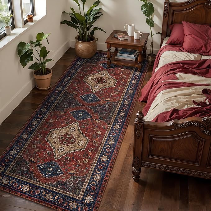 Tangsoo Red 2x5 Washable Runner Rug for Hallways, Non Slip Runner Rugs | Oriental Soft Low Pile 2x5 Rug Runner, Vintage Boho Print Carpet Runners for Entryway Bedroom Kitchen Bathroom Living Room