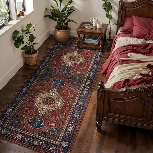 Tangsoo Red 2x5 Washable Runner Rug for Hallways, Non Slip Runner Rugs | Oriental Soft Low Pile 2x5 Rug Runner, Vintage Boho Print Carpet Runners for Entryway Bedroom Kitchen Bathroom Living Room