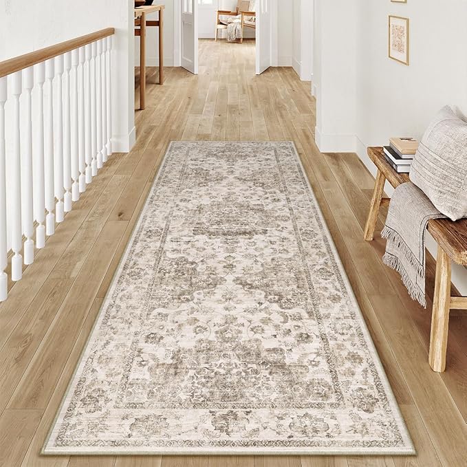 2x6 Brown Neutral Runner Rug | Washable, Non Slip, Soft Low Pile, Vintage Farmhouse, for Hallway Kitchen Laundry Bathroom Bedroom Living Room Home Decor
