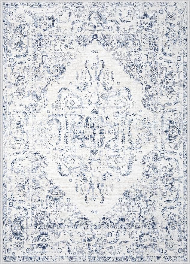 9x12 Area Rugs for Living Room: Washable Rug Vintage Large Rugs Soft Non Slip Low Pile Rug Floral Distressed Floor Carpet for Bedroom Dining Room Home Office (Blue,9'x12')