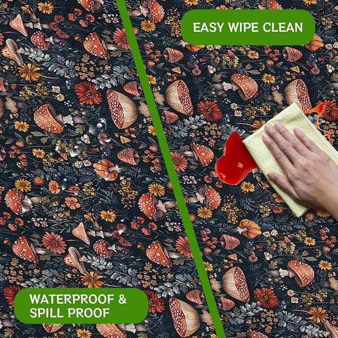 Mushroom Picnic Table Cover with Bench Covers and Carrying Bag, Forest Floral Plant Retro Rectangle Table Cover, Outdoor Patio Camping Essentials 6FT 4PCS, Camping Fitted Tablecloth