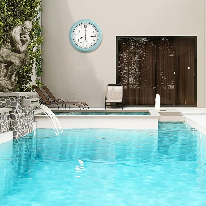 Crosstime 12 Inch Outdoor Clock Waterproof with Thermometer,Vintage Indoor Outdoor Wall Clocks for Patio, Pool, Garden, Backyard, Bathroom Decor - Teal