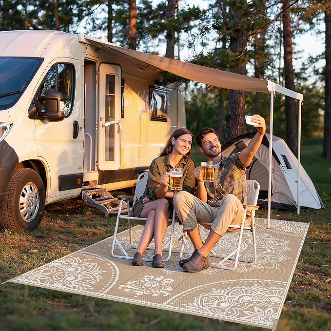 Pauwer Waterproof Outdoor Rug 5x8, Reversible Plastic Straw Patio Camping Rug, Indoor Outdoor RV Mat Carpet for Deck, Camper, Porch, Balcony, Backyard, Picnic, Floral Brown