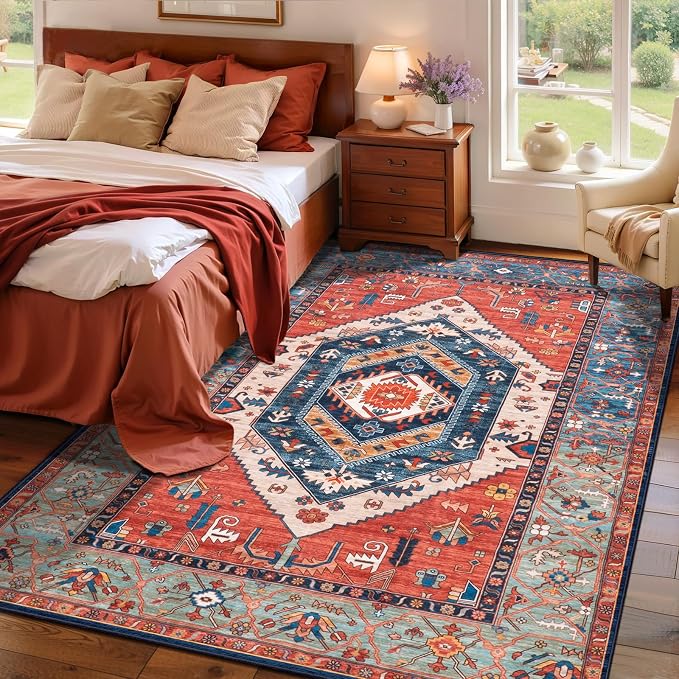 SERISSA 4x6 Washable Non Slip Boho Area Rug for Bedroom，Rust | Ultra Soft Vintage Oriental Carpet Low-Pile Distressed Tribal Throw Carpet for Entry Living Room Nursery Kitchen Dorm Decor