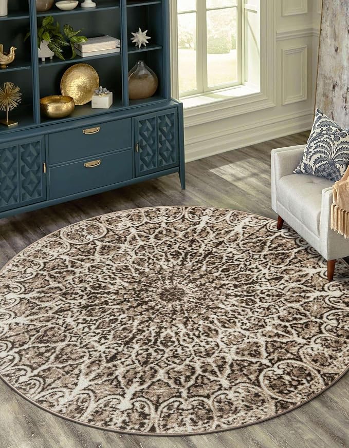 Unique Loom Sofia Collection Area Rug - Grace (7' Round Brown/Ivory)
