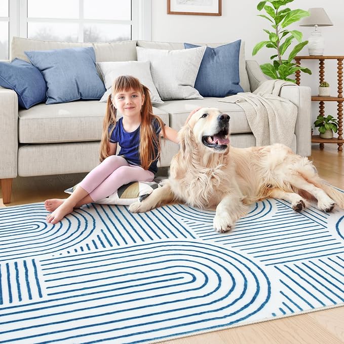 Lahome Abstract Washable Rugs, 4x6 Blue Rug for Bedroom Nursery Living Room | Soft Non Slip Modern Rug Ultra-Thin Non-Shedding Carpet for Entryway Kitchen Office Darrell(4'x6', Blue/White)