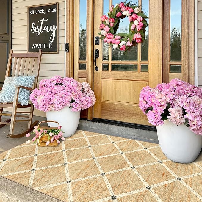 Cottage Trellis 3x5 Entryway Rug Indoor Outdoor Mats for Front Door | Washable Non-Slip Porch Rug Farmhouse Woven-Look Throw Rugs for Entryway Bedroom Office Kitchen Mat for Floor Porch Decor