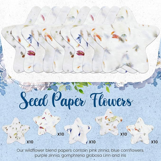 Dunzoom 50 Pcs Handmade Seed Paper Plantable Wildflower Seed Paper Recycled Flower Petals Tags Wedding Favors for Guests Craft Gifts Cards for Envelope Birthday Party, 5 Styles (Star)