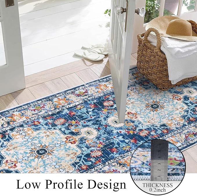 U'Artlines 2' x 10' Boho Hallway Runner Rug, Non Slip Washable Vintage Farmhouse Accent Area Rug Carpet for Kitchen Entryway Laundry and Living Room (Blue) | Vintage Farmhouse Kitchen Rug Accent Area Carpet for Entryway Laundry and Living Room