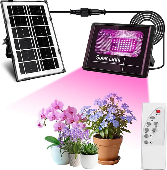 Loscarol Solar Grow Lights, Rechargeable Grow Light, Full Spectrum Plant Light for Indoor Outdoor Plants with Timer, Solar Plant Lights for Greenhouse with Remote Control and 16.4ft Cord/USB Charging
