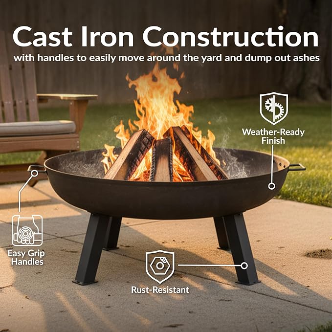 Sunnydaze Cast Iron Heavy Duty Fire Pit for Outside - Wood Burning Outdoor Fire Pit Bowl with Handles for Patio, Backyard, Camping - 34" - Gray