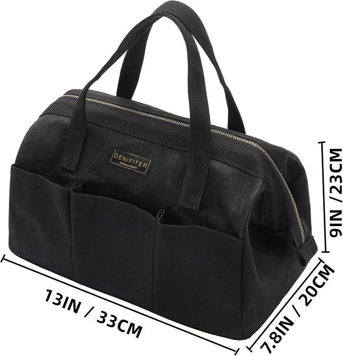 Tool Bag with Zipper, Heavy Duty 16oz Waxed Canvas Wide Mouth Tool Tote Bag, 13-inch Muti-Purpose Storage Tool Pouch with Side Pockets
