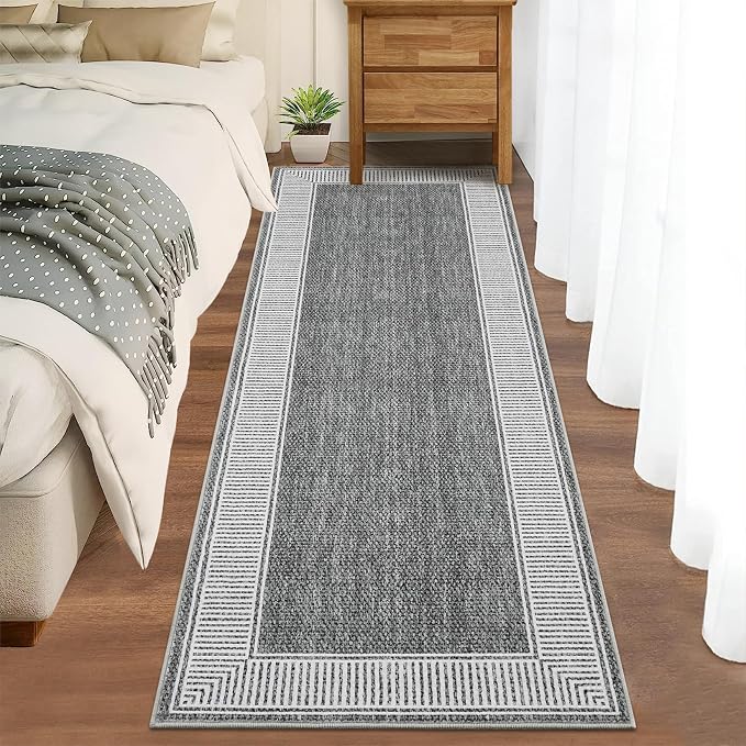 GarveeHome Hallway Runner Rug 2x10 Washable Non Slip Kitchen Runner Carpets | Stain Resistant Modern Bordered Grey Rugs for Bathroom Living Room Bedroom, Grey