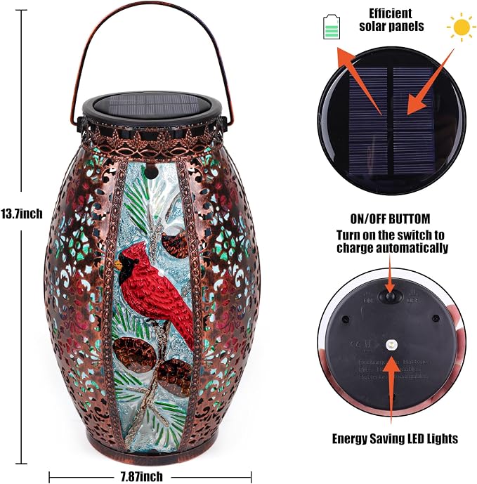 Larekook Cardinal Solar Lantern Outdoor Waterproof,13" Large Metal Hanging Christmas Decorative Lantern,Cardinals Solar Lights for Outside Yard Lawn Patio Garden Decor,Cardinal Gifts for Women Mom
