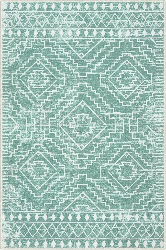 Wonnitar Moroccan Area Rugs 4x6, Sage Green Boho Rug for Bedroom, Washable Ultra-Thin Living Room Throw Mat, Farmhouse Geometric Soft Print Carpet for Nursery Bathroom Kitchen (Mint Green,4'x6')